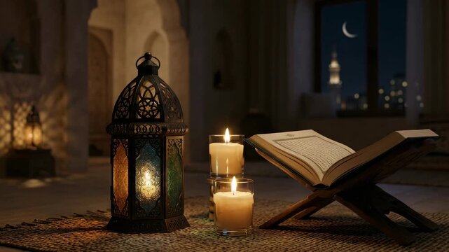 Islamic holy book on a wooden rehal stand with a lit traditional lantern and candles under a crescent moon at night