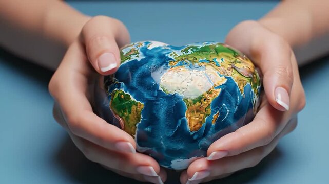 Womans hands cradling a heart shaped globe with a blue background