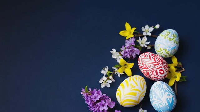 Beautiful easter composition with decorated eggs and blooming spring flowers. Traditional holiday flat lay on a dark navy background for a seasonal website header or banner
