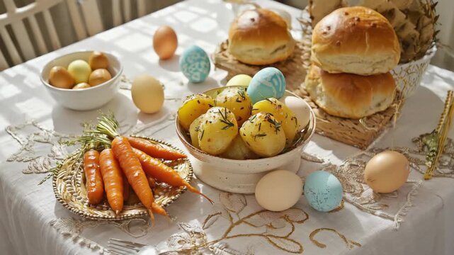 Festive easter table setting with traditional holiday food in bright morning sunlight. Decorated eggs, roasted potatoes with herbs, glazed carrots, and fresh homemade bread rolls