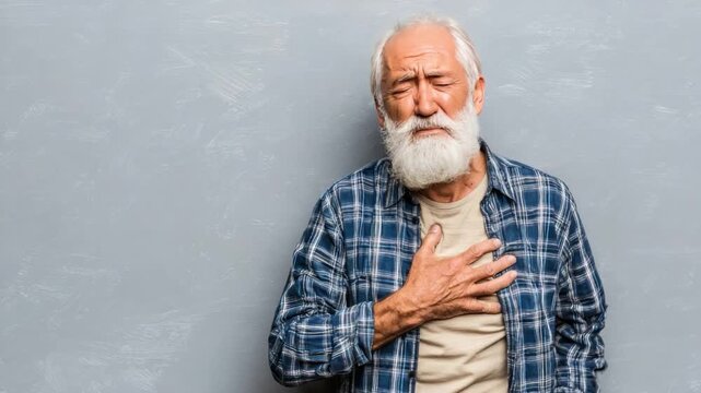 Silent Struggle: An Elderly man, his face etched with concern, clutches his chest, suggesting an internal conflict of unease. A profound emotion with resilience and resilience