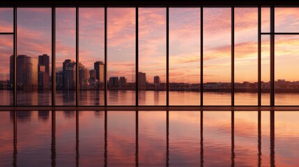 Fototapeta premium City skyline at sunset through floor-to-ceiling windows. Reflective waterfront view with warm orange-pink hues in modern office interior