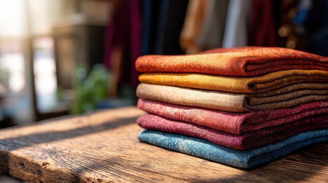 Stack of colorful folded textile materials on wooden table. Assortment of vibrant cloths for fashion design and tailoring. Creative sewing concept in sunlight for boutique store display.