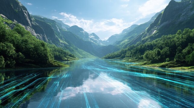 Digital river flowing through digital mountain valley. Abstract concept of data stream integration with untouched natural landscape. Virtual environment and futuristic ecological technology.