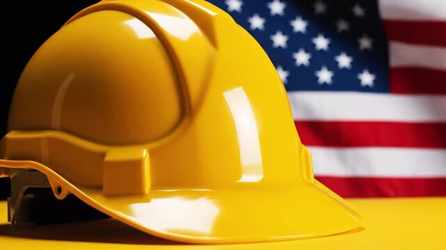 Yellow hard hat on yellow surface with american flag