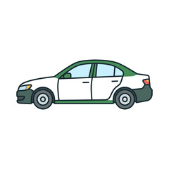 Fototapeta premium A side view illustration of a white and green sedan car with tinted windows.