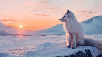 Fototapeta premium Arctic fox sitting on snow during sunset. Wild animal in frozen landscape. Nature scenery with tundra background and orange sky. Cold climate wildlife photography with winter atmosphere.