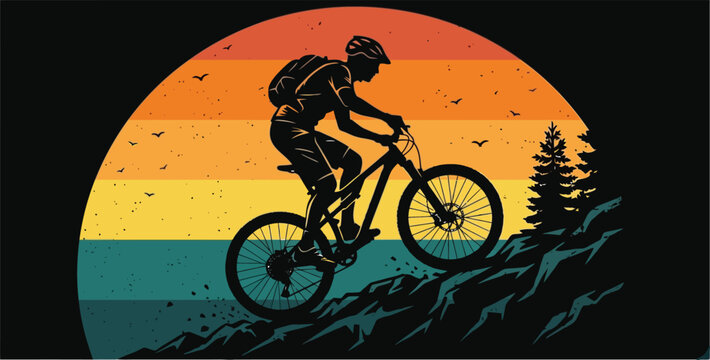 Mountain Biker Riding on Trail at Sunset, Adventure and Outdoor Vector Illustration