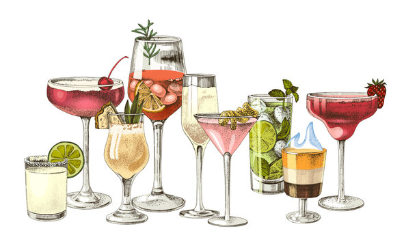 Alcohol cocktails hand sketched vector collection