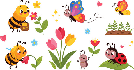 Cute garden insects set with bees, butterflies and ladybug, colorful spring flowers and nature elements, cartoon vector illustration collection © Yevhenii creative