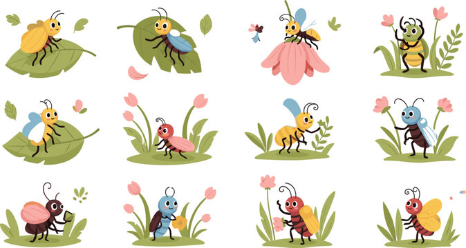 Cute garden insects set with beetles, bees and bugs on leaves and flowers, colorful nature cartoon vector illustration collection