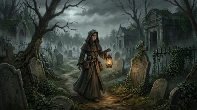 Hooded woman carrying glowing lantern through misty ancient cemetery among gravestones and gnarled trees at night