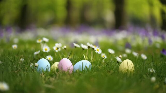 Colorful pastel easter eggs hidden in fresh green grass on a sunny spring day. Traditional holiday egg hunt in a beautiful meadow with blooming daisies and wildflowers