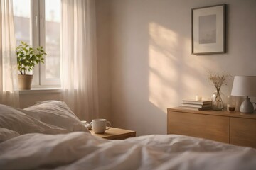 Fototapeta premium Cozy Minimal Bedroom with Soft Morning Sunlight, Calm and Relaxing Atmosphere