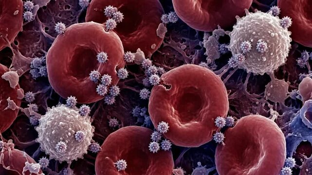 Microscopic view showing red blood cells and white blood cells being attacked by viral particles in the bloodstream