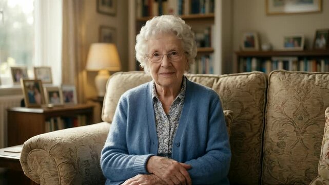 Portrait of a senior woman with white curly hair and glasses smiling in a warm home interior