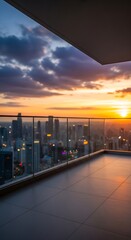 Fototapeta premium Modern balcony overlooking a vibrant city skyline at sunset with dramatic clouds and warm golden light illuminating the urban landscape