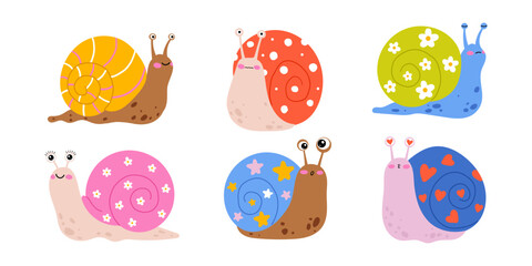 Cute snail clipart set with colorful shells. Hand drawn doodle illustration for kids room decor, stickers, nursery posters, baby shower stationery and summer covers. Flat vector © Svitla