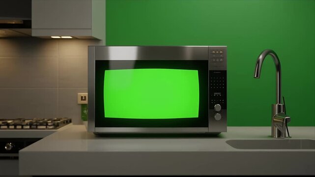 Stainless microwave with greenscreen display in modern kitchen beside sink.