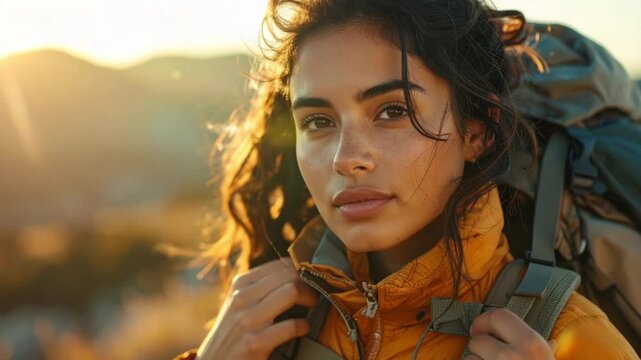 Young woman hiker with backpack at golden hour looking at camera