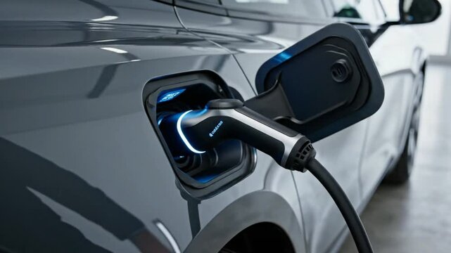 Electric vehicle charging at a station with a car plugged in.