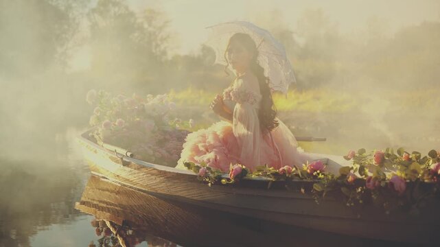 happy woman princess sitting in boat full of flowers white pink color floating down river fog. Fairy tale fashion model victorian style girl princess back rear view lady hands holding vintage umbrella