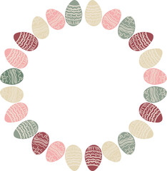 Obraz premium Decorative Easter wreath made of colorful patterned eggs arranged in a circle. Cute flat vector illustration isolated on transparent background.