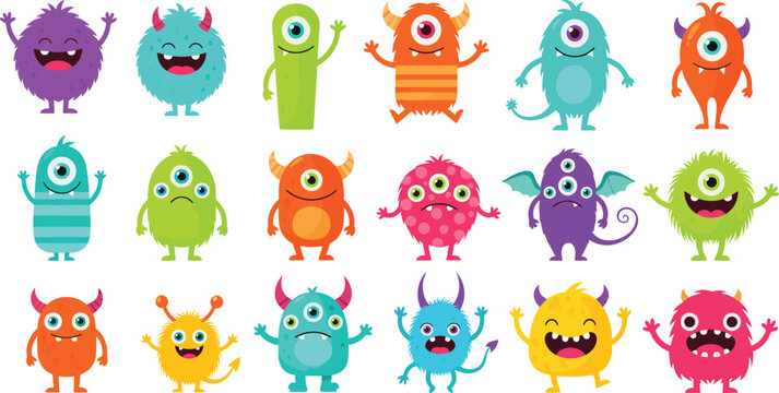 Cute Cartoon Monster Characters Collection with Funny Colorful Creatures, Big Eyes, Horns, and Different Expressions for Kids Games, Stickers, and Playful Vector Designs