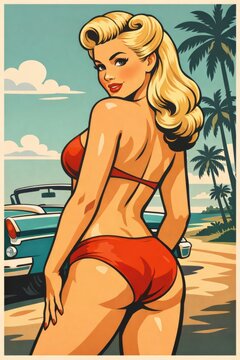 Stylized vintage pinup girl in a bright red swimsuit smiles over her shoulder beside a turquoise convertible on a sunny palm-lined beach, evoking playful midcentury summer vibes.