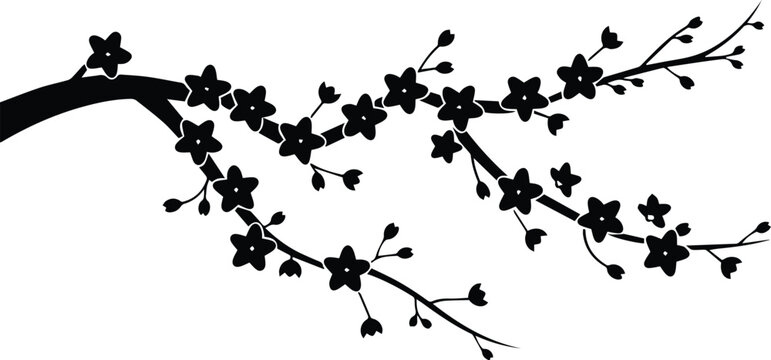 Minimalist black cherry blossom branch silhouette vector icon