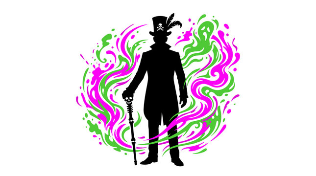 Mysterious voodoo witch doctor silhouette with skull top hat and colorful spectral smoke vector illustration