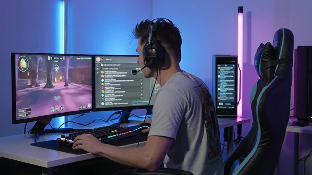 Professional gamer playing video game on powerful gaming computer neon esports streaming setup