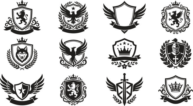 A collection of black and white heraldic emblems and crests with crowns, wings, and shields on a plain background