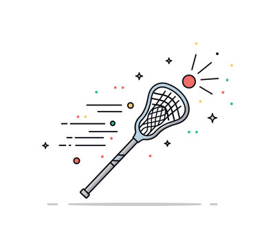 Lacrosse sport dynamic scene with a lacrosse stick catching a small ball in the pocket while motion lines and tiny stars suggest fast paced gameplay and