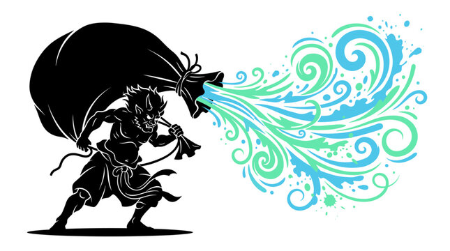 Stylized Fujin Japanese wind god silhouette releasing wind from bag vector illustration