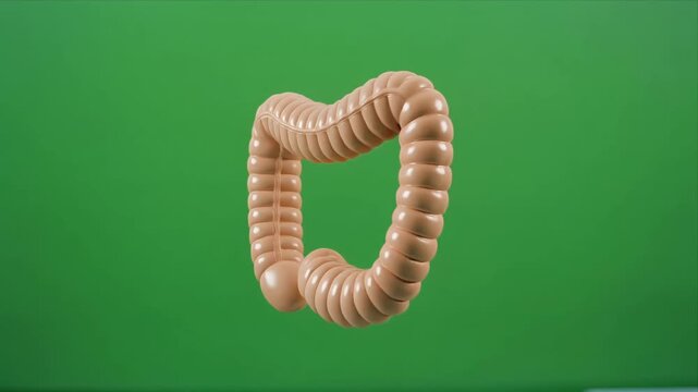 Three dimensional human colon anatomy rotating on green background.