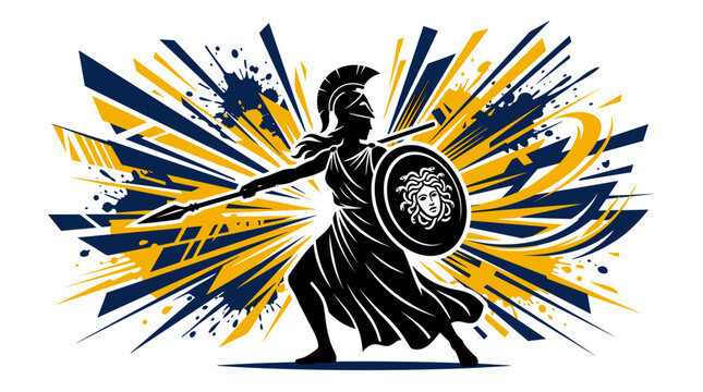 Ancient Greek goddess Athena silhouette with spear and Medusa shield vector illustration