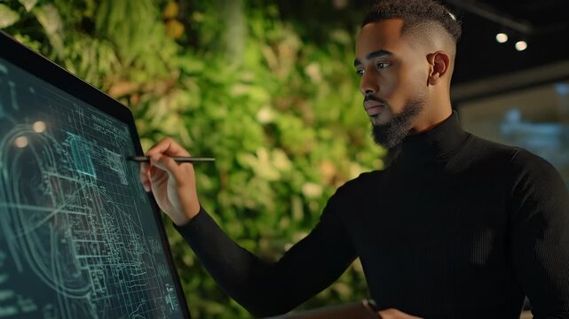 Young African American male architect working on digital blueprints using a stylus and large touchscreen in modern eco-friendly office. Concept of sustainable design, engineering and innovation