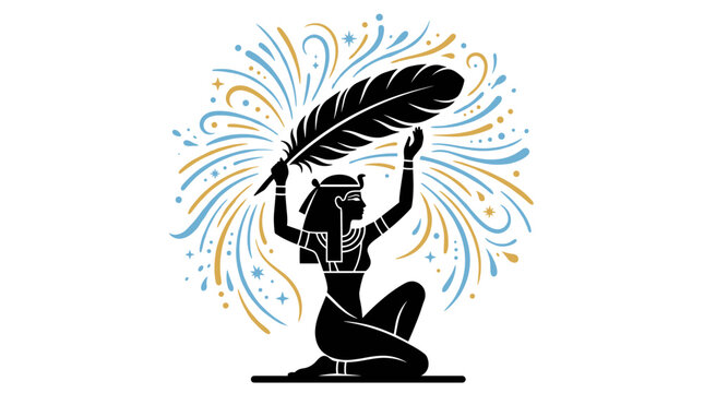 Egyptian Goddess Maat kneeling and holding large feather with celestial swirls vector illustration