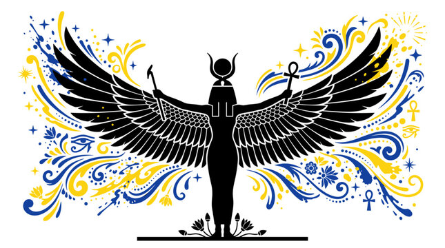 Egyptian goddess Isis silhouette with wings and blue yellow paint splatter vector illustration