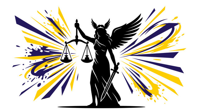 Lady Justice winged silhouette holding scales and sword dynamic vector illustration