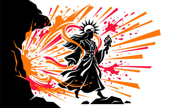 Japanese sun goddess Amaterasu emerging from cave with mirror vector illustration