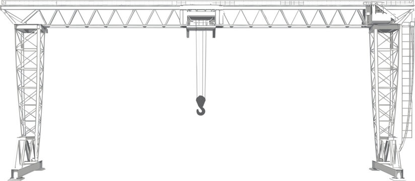 Technical vector illustration of industrial gantry crane wireframe, heavy lifting equipment and construction engineering design