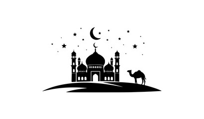 Black Silhouette Mosque and Camel with Crescent Moon Eid al Adha Symbol Vector Illustration © SHAHADAT