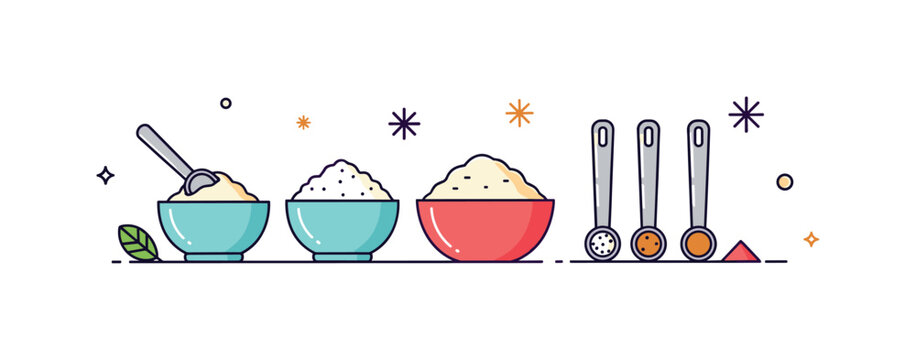Preparing ingredients for cooking small bowls with sugar, flour, and spices placed beside measuring spoons while spark icons suggest organization and readiness
