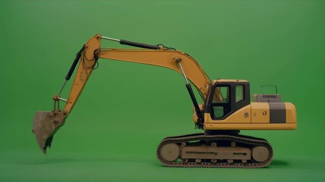 Tracked excavator side view moving hydraulic arm on green background.