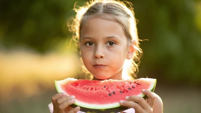 Happy little girl enjoying a refreshing slice of watermelon outdoors