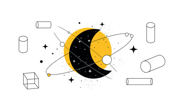 black and white crescent moon surrounded by stars and cosmic dust, bold yellow circle behind the moon symbolizing distant sunlight, thin orbit lines and