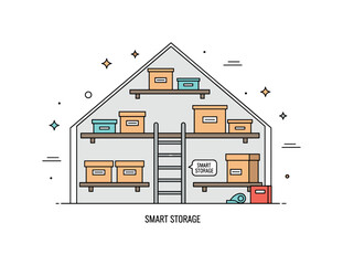 Attic storage makeover organized loft with simple shelves, labeled boxes, and a small ladder leading into the space. A tiny label Smart Storage emphasizes © Coosh448