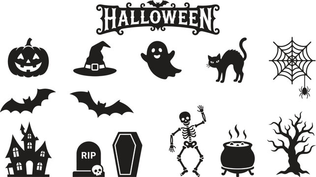 A collection of black Halloween icons on a white background, including a jack-o-lantern, ghost, and skeleton.